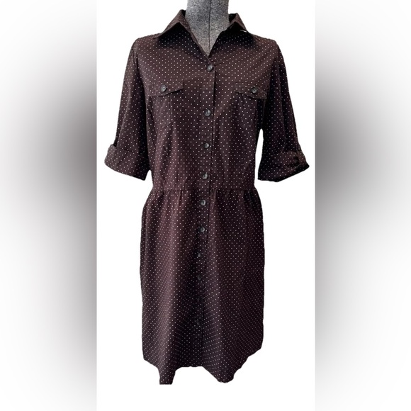 Merona Dresses & Skirts - Merona brown polka dotted shirt dress ladies‎ size Medium-cotton stretch EUC